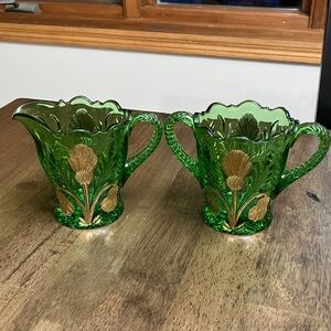 antique emerald green glass creamer and sugar bowl gold leaves